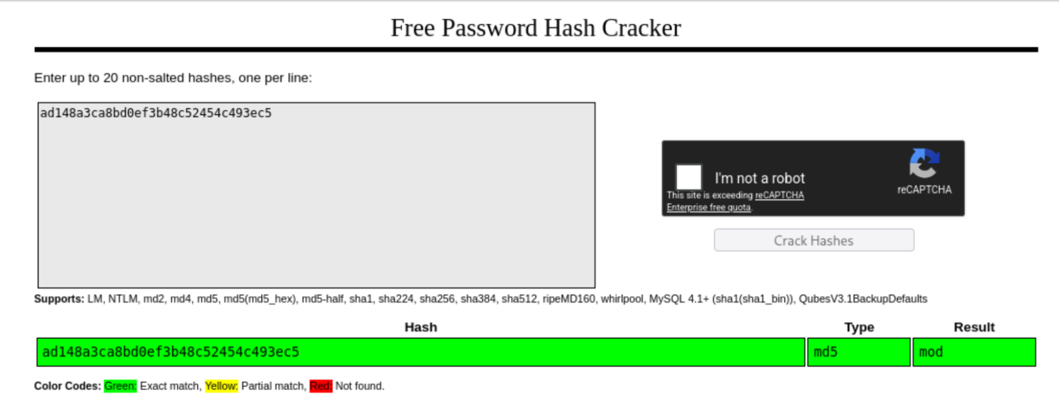 Crackstation cracking the MD5 CSRF token to reveal username